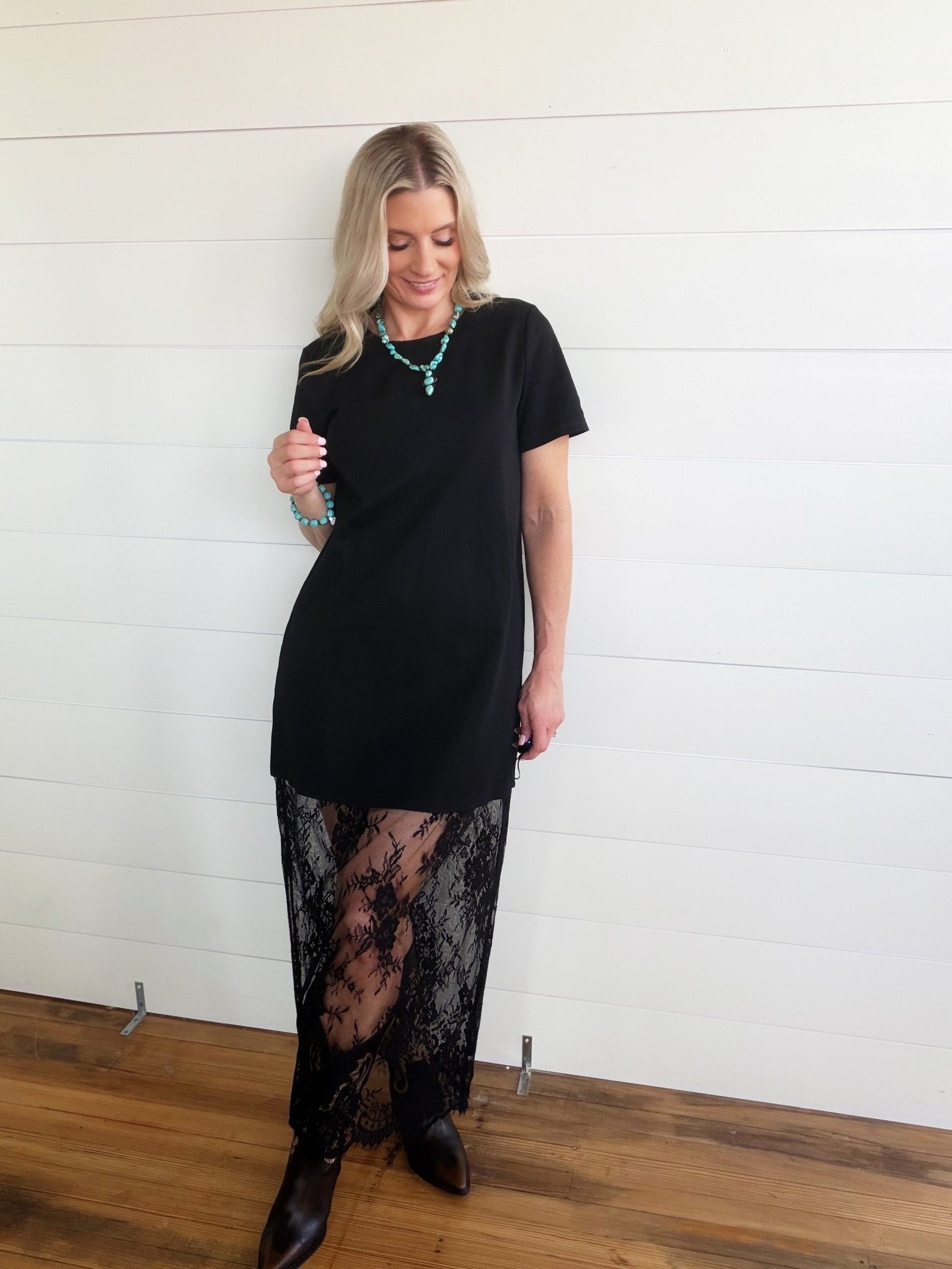 Oversized Lace Layered Midi Dress In Black - Infinity Raine