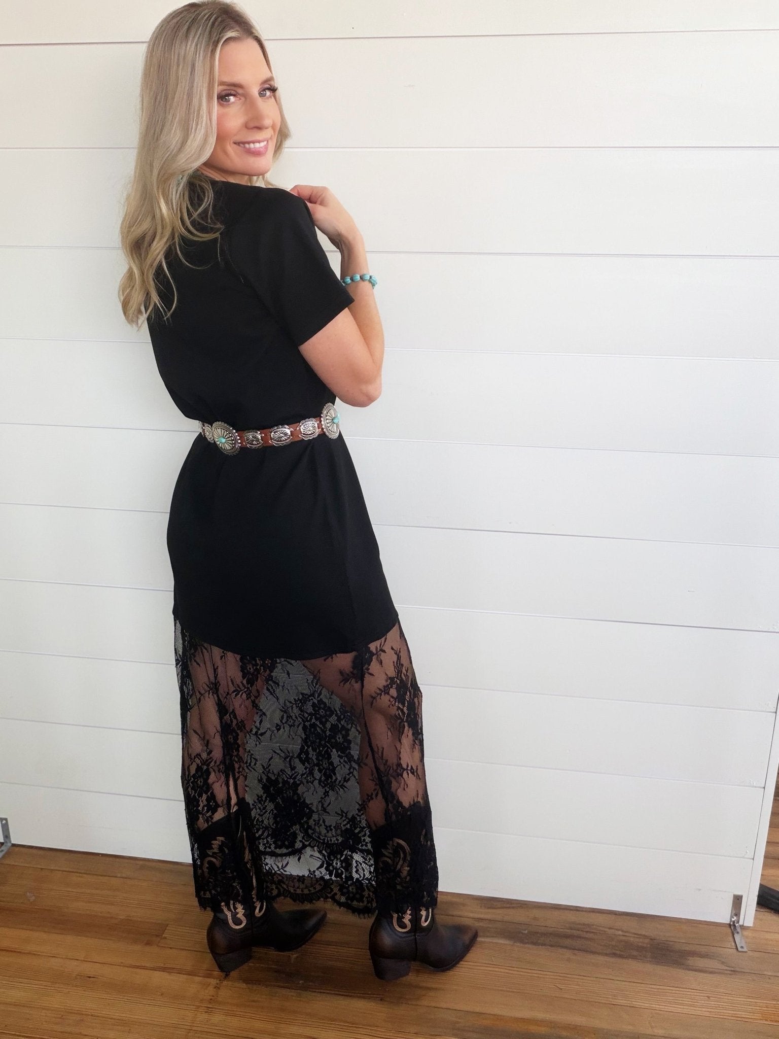 Oversized Lace Layered Midi Dress In Black - Infinity Raine
