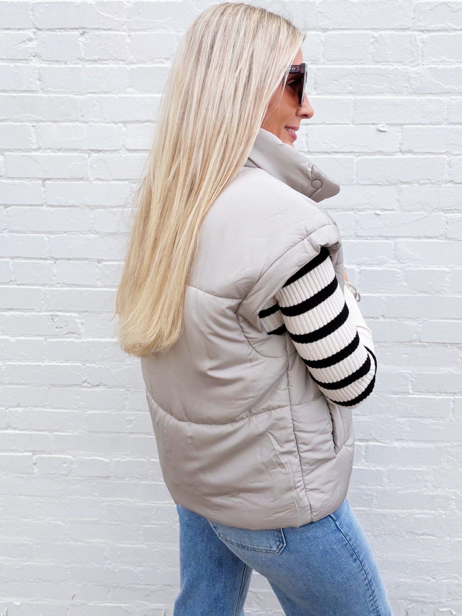 Oversized Snap Button Puffer Vest in Cement - Infinity Raine