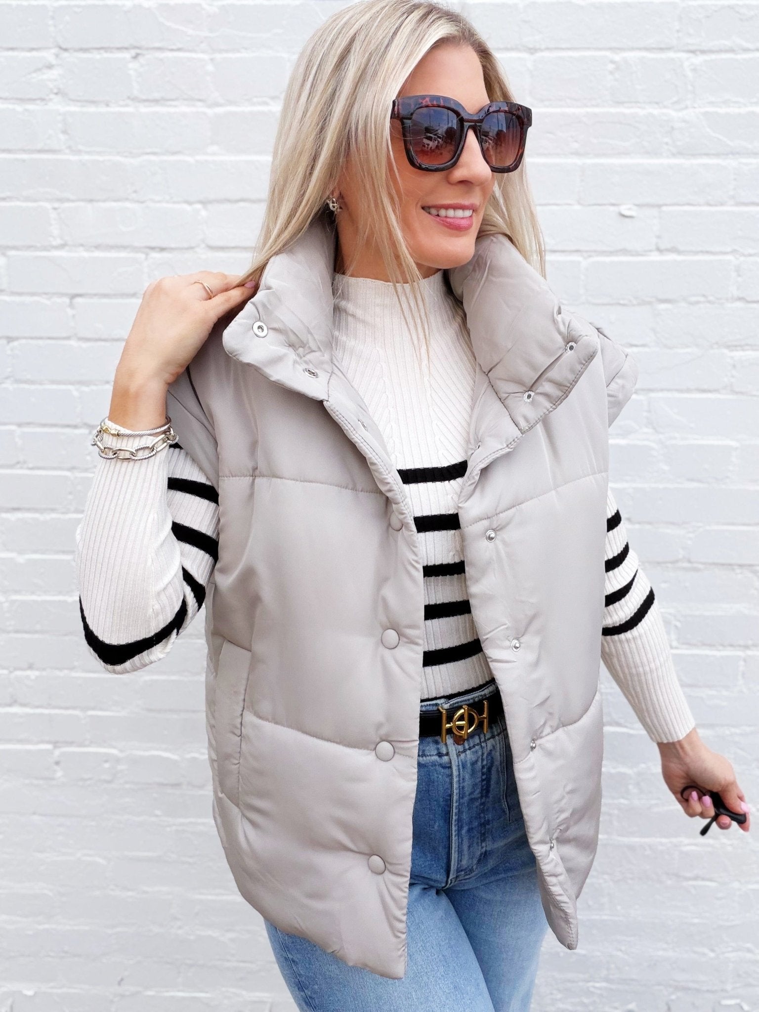 Oversized Snap Button Puffer Vest in Cement - Infinity Raine