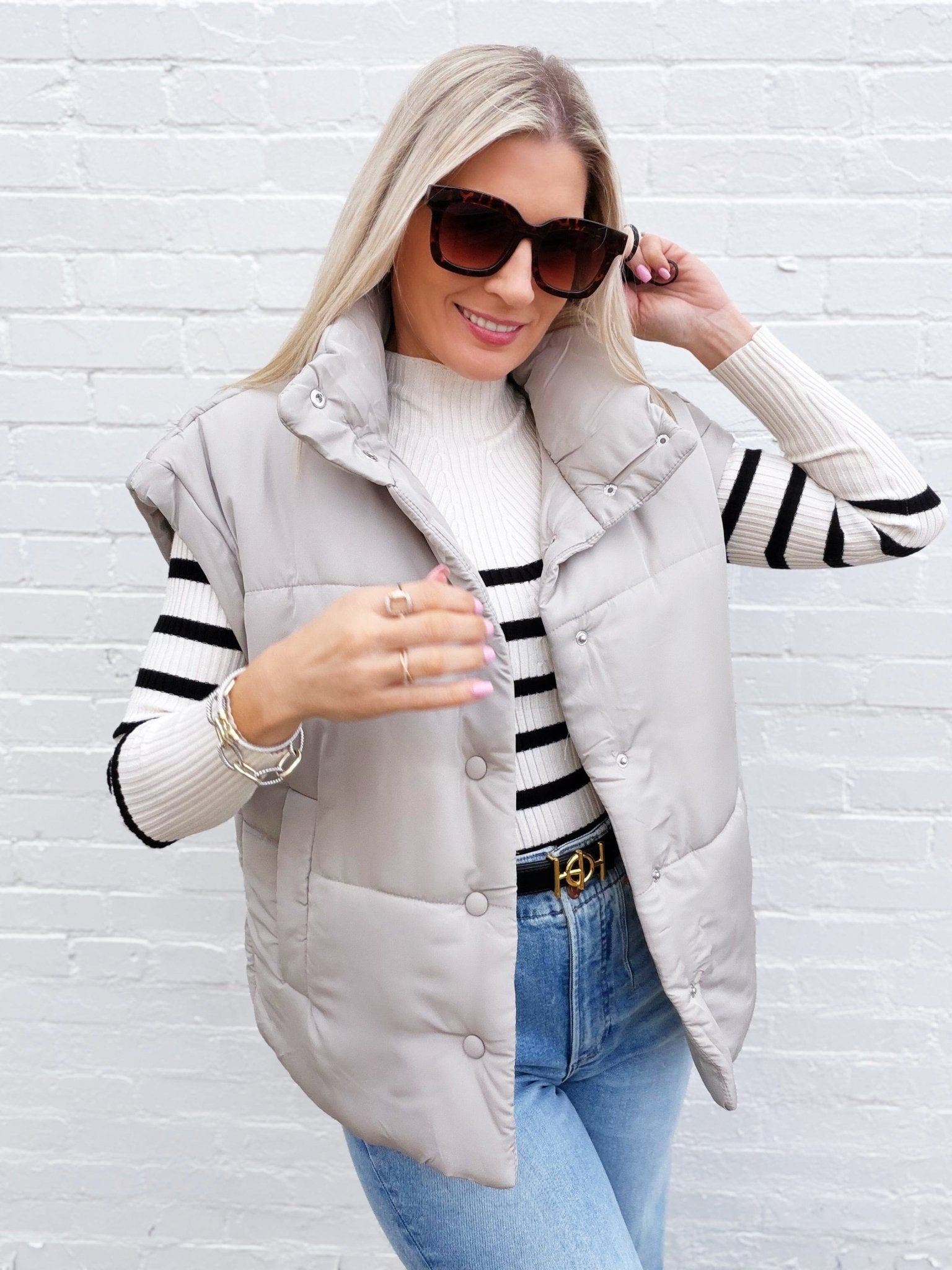 Oversized Snap Button Puffer Vest in Cement - Infinity Raine