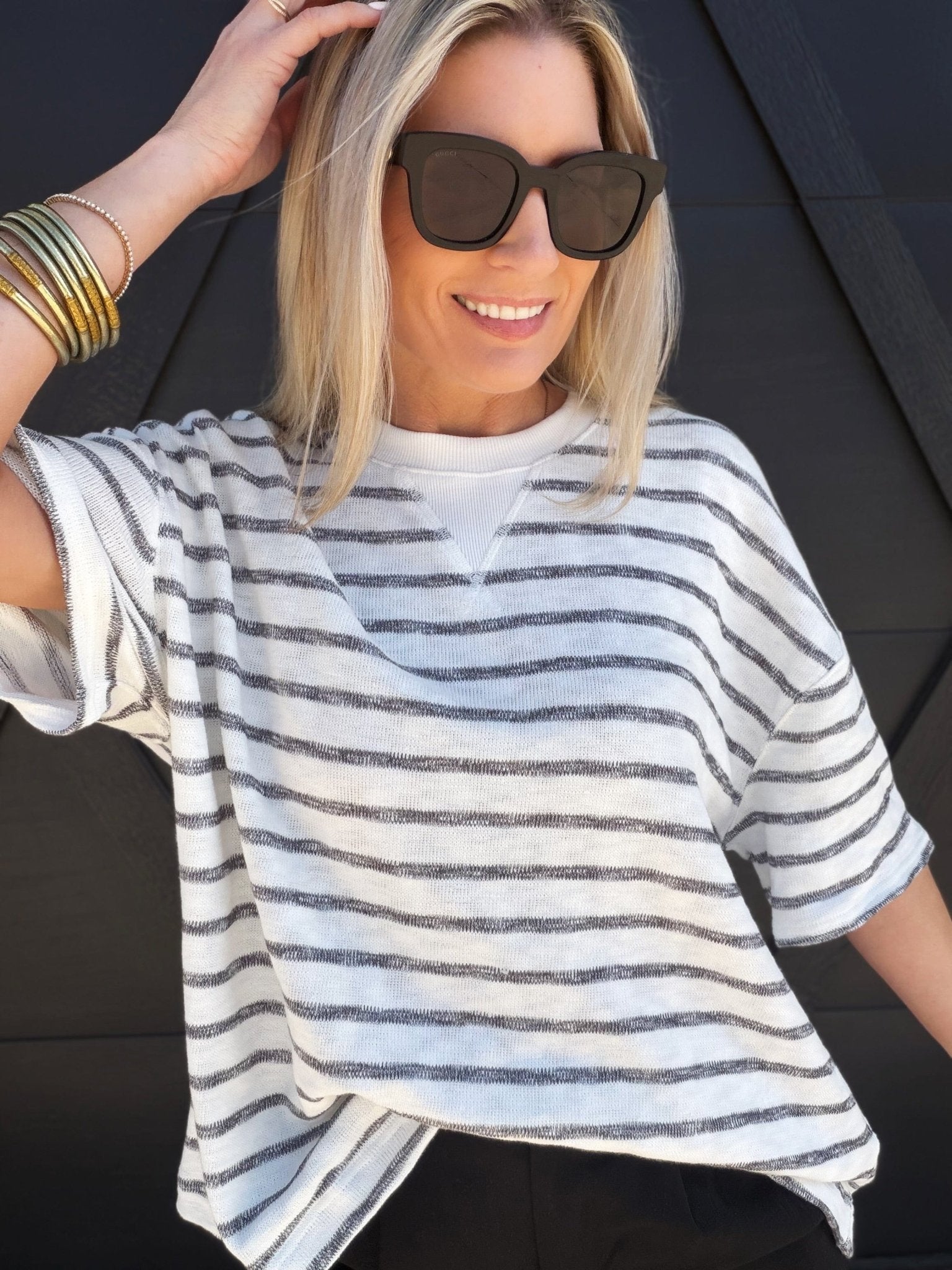 Oversized Striped Short Sleeve Top In Black - Infinity Raine