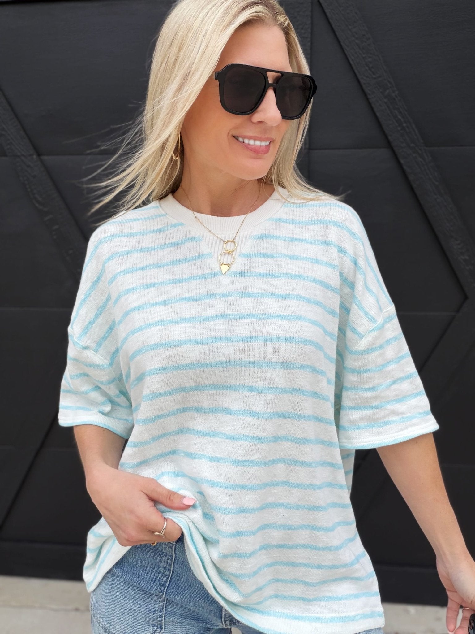 Oversized Striped Short Sleeve Top In Blue - Infinity Raine