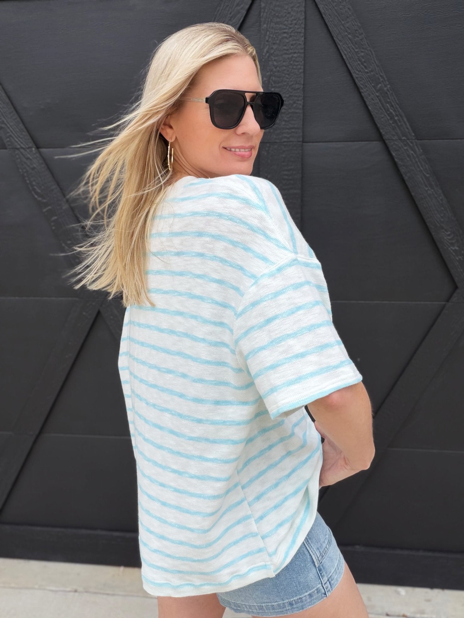 Oversized Striped Short Sleeve Top In Blue - Infinity Raine