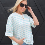 Oversized Striped Short Sleeve Top In Blue - Infinity Raine