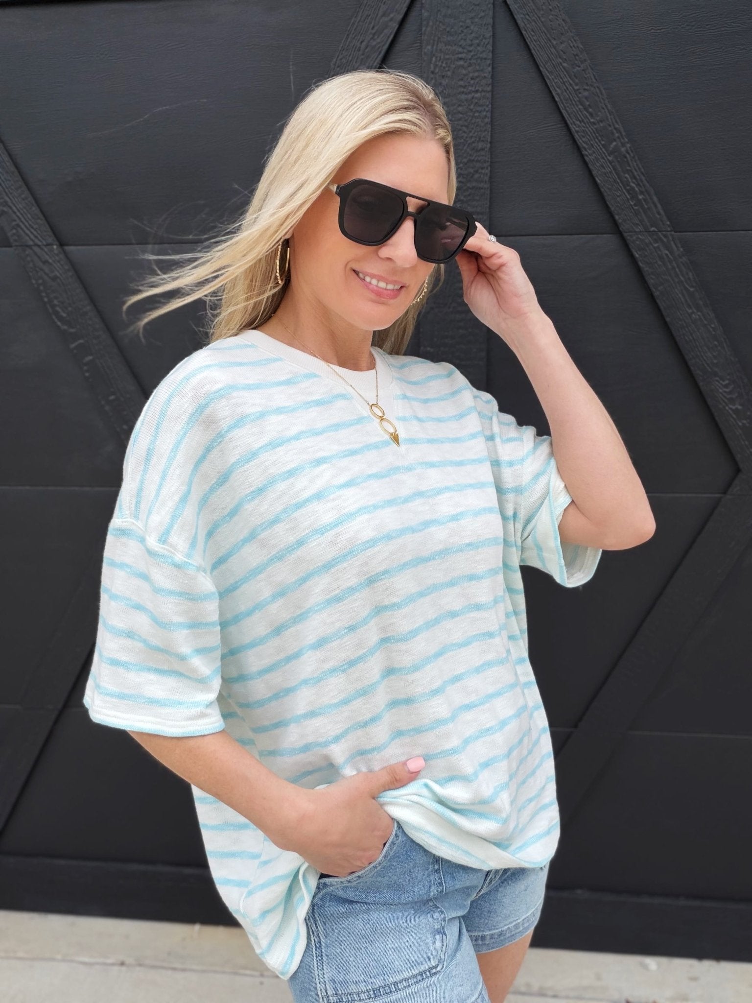 Oversized Striped Short Sleeve Top In Blue - Infinity Raine
