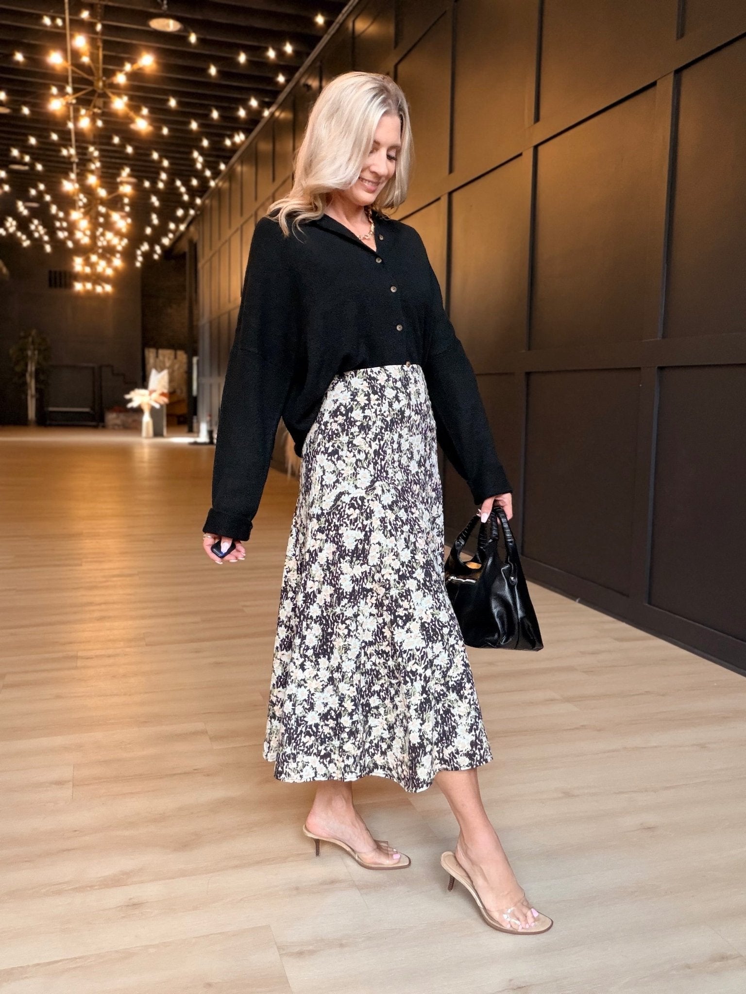 Painted Fields Midi Skirt In Black Multi - Infinity Raine