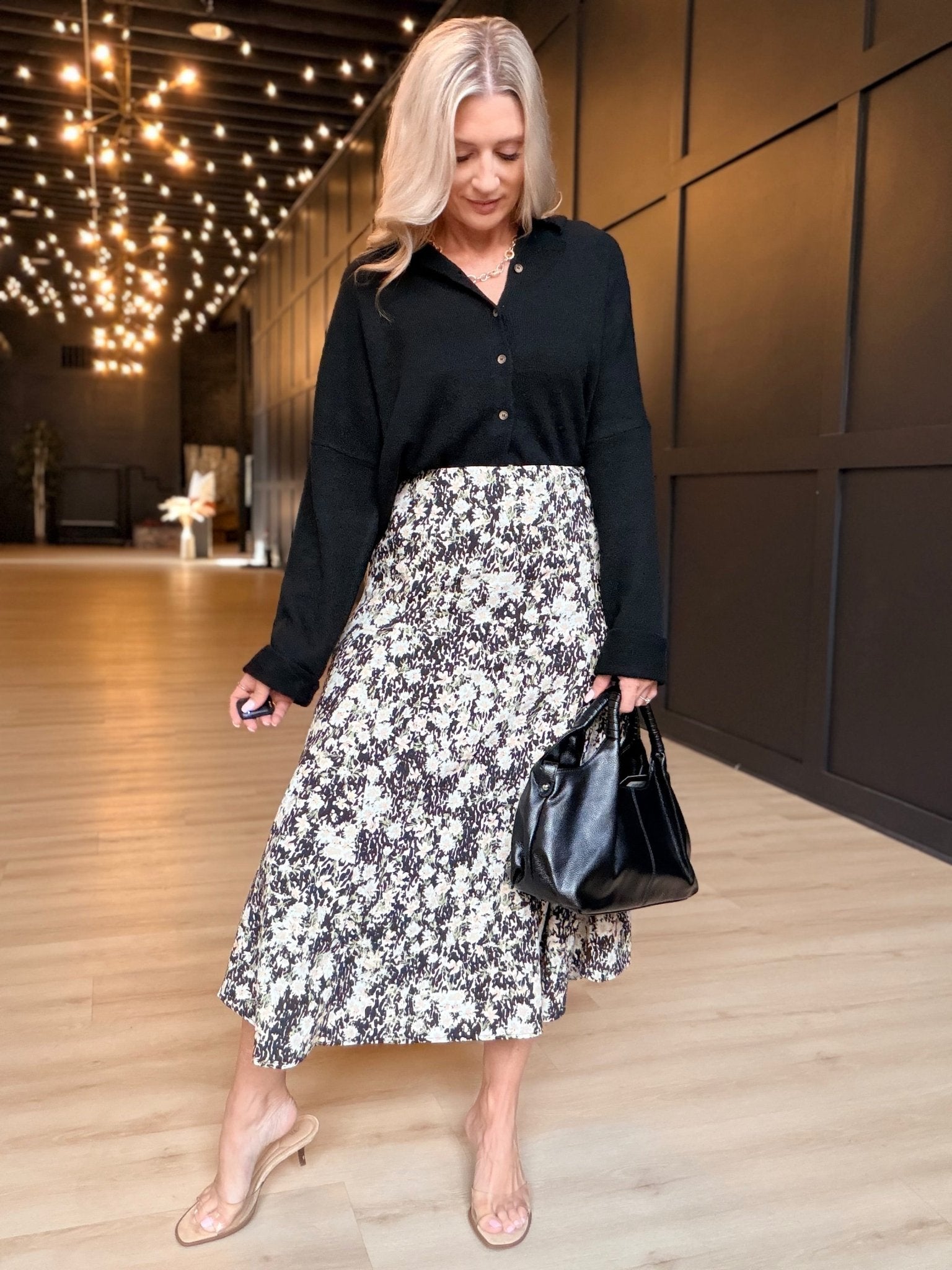 Painted Fields Midi Skirt In Black Multi - Infinity Raine