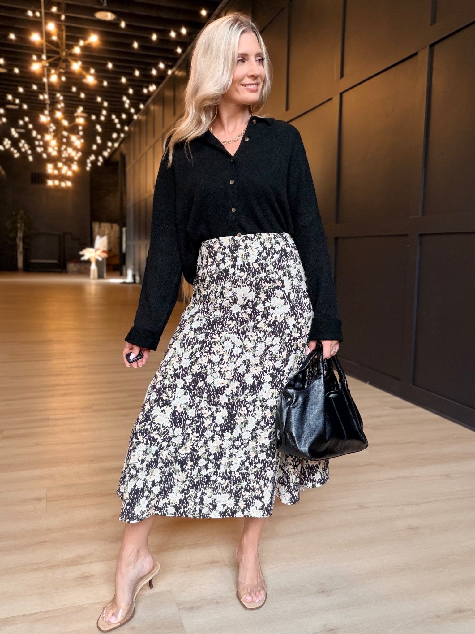Painted Fields Midi Skirt In Black Multi - Infinity Raine