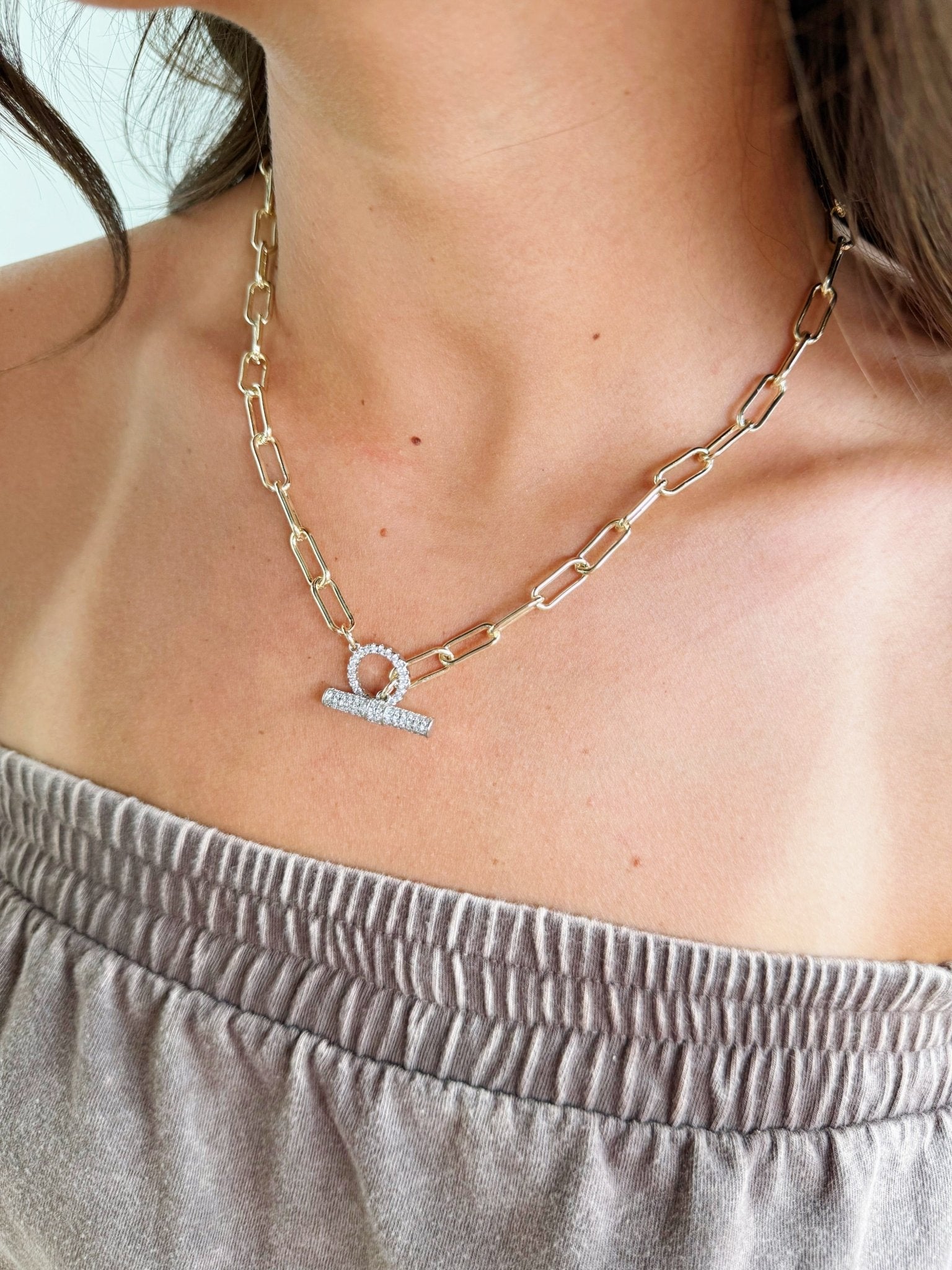 Paper Clip Pave Toggle Gold Necklace - Infinity Raine