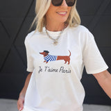 Parisian Weiner Dog Cotton T-Shirt In White - Infinity Raine