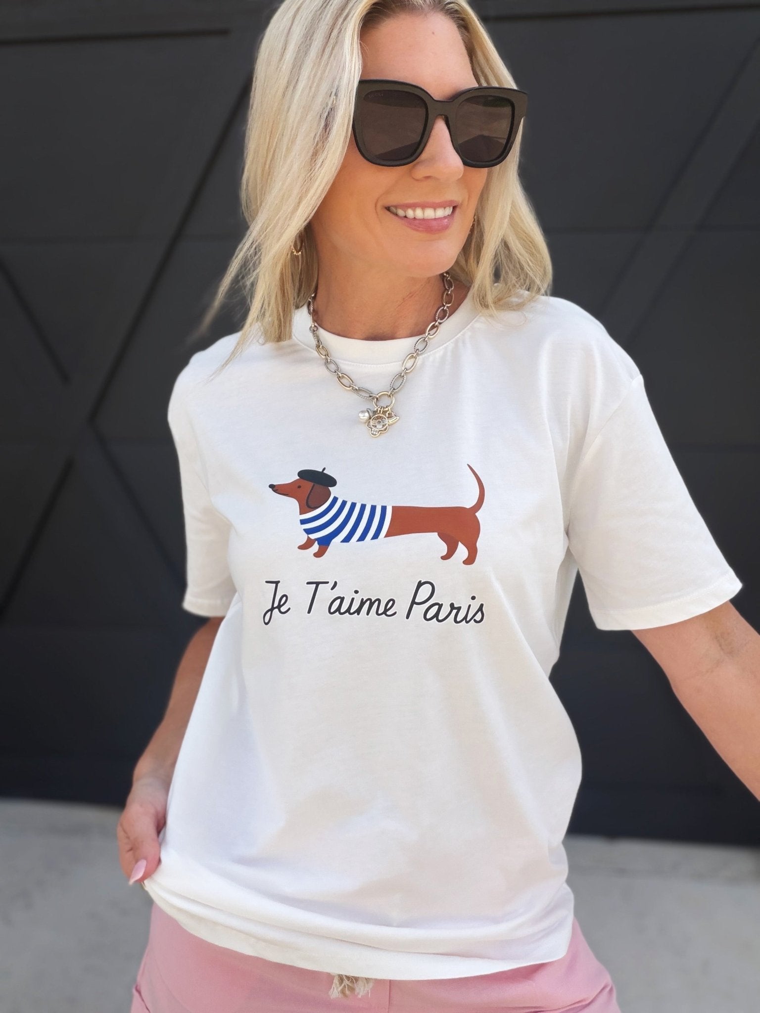 Parisian Weiner Dog Cotton T-Shirt In White - Infinity Raine