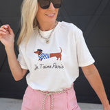 Parisian Weiner Dog Cotton T-Shirt In White - Infinity Raine