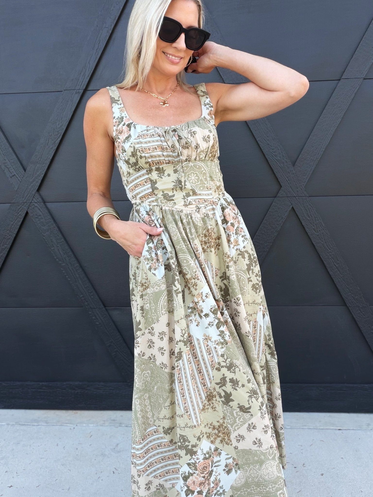 Patchwork Print Front Tie Maxi Dress in Olive Green - Infinity Raine