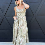 Patchwork Print Front Tie Maxi Dress in Olive Green - Infinity Raine