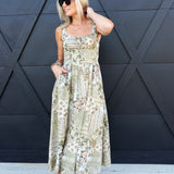 Patchwork Print Front Tie Maxi Dress in Olive Green - Infinity Raine