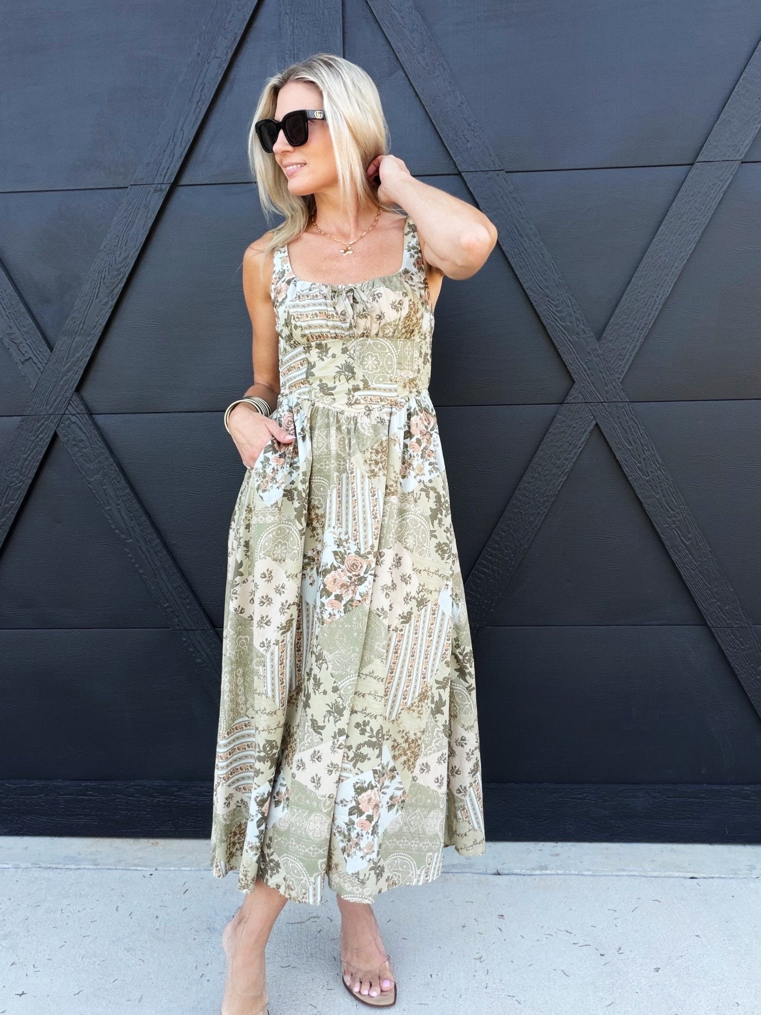 Patchwork Print Front Tie Maxi Dress in Olive Green