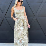 Patchwork Print Front Tie Maxi Dress in Olive Green - Infinity Raine