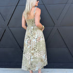 Patchwork Print Front Tie Maxi Dress in Olive Green - Infinity Raine