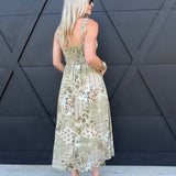 Patchwork Print Front Tie Maxi Dress in Olive Green - Infinity Raine