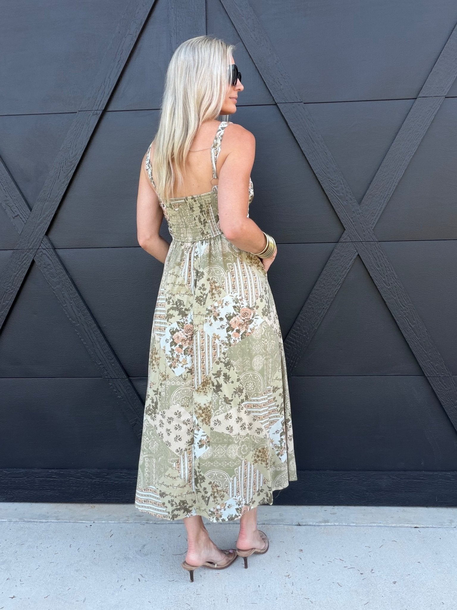 Patchwork Print Front Tie Maxi Dress in Olive Green - Infinity Raine