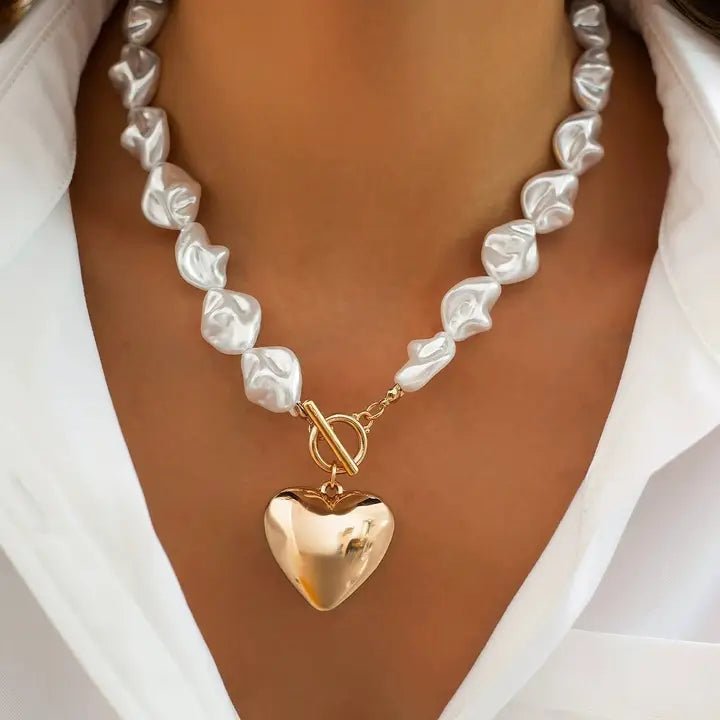 Pearl Beaded Heart Charm Toggle Necklace - Infinity Raine