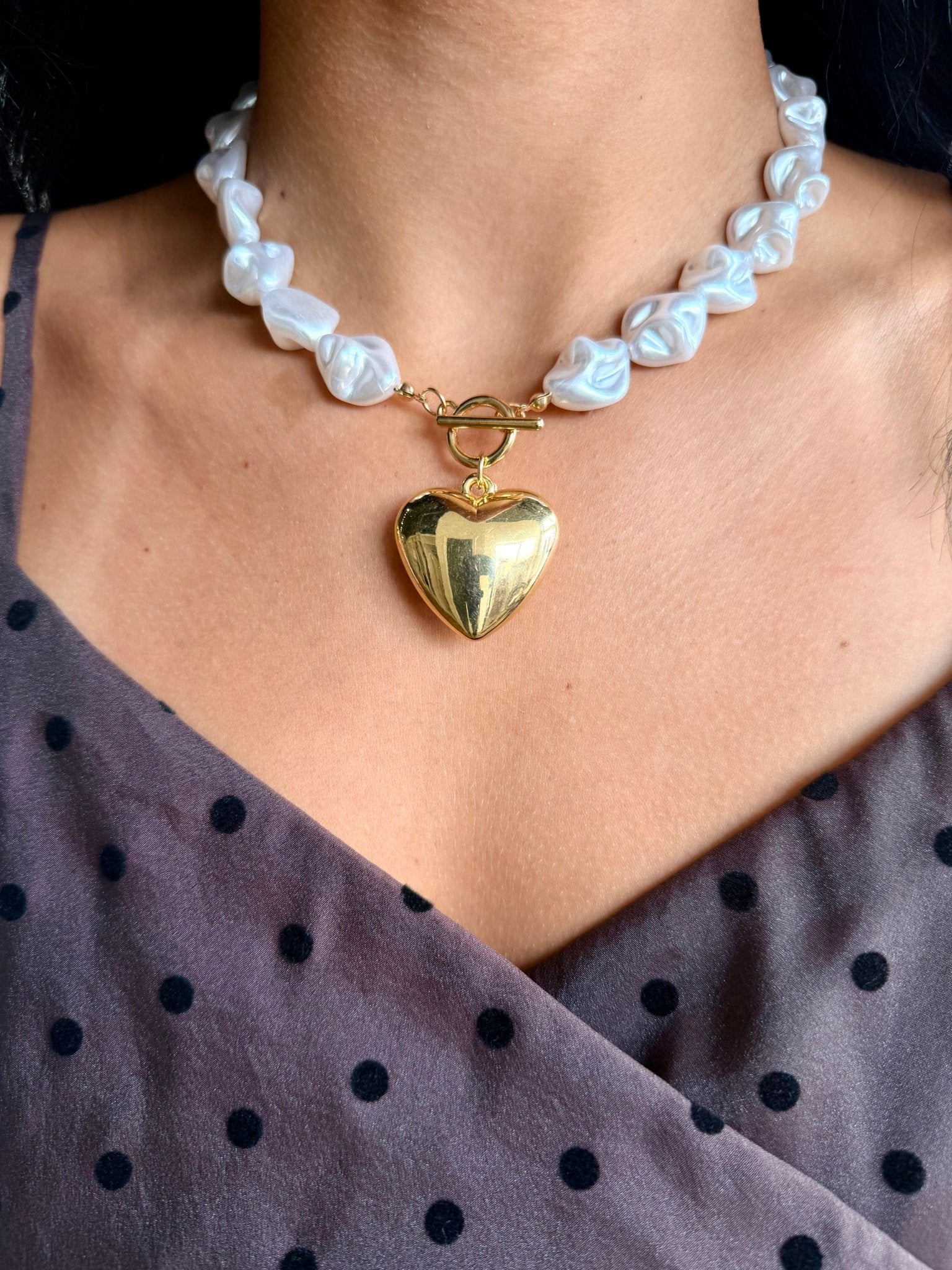 Pearl Beaded Heart Charm Toggle Necklace - Infinity Raine