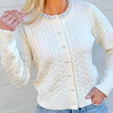 Pearl Button Detail Cable Knit Cardigan-Off White - Infinity Raine