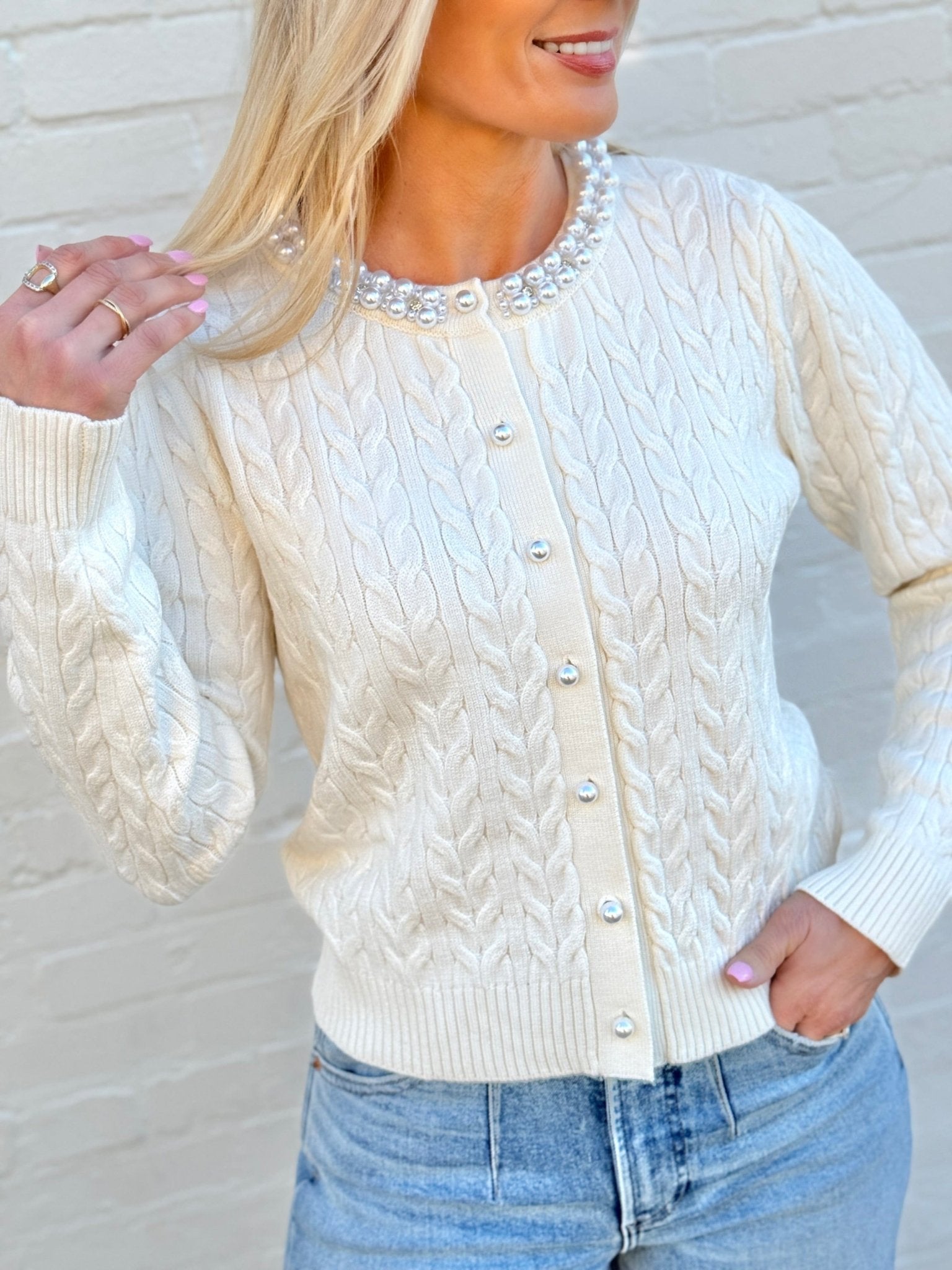 Pearl Button Detail Cable Knit Cardigan-Off White - Infinity Raine