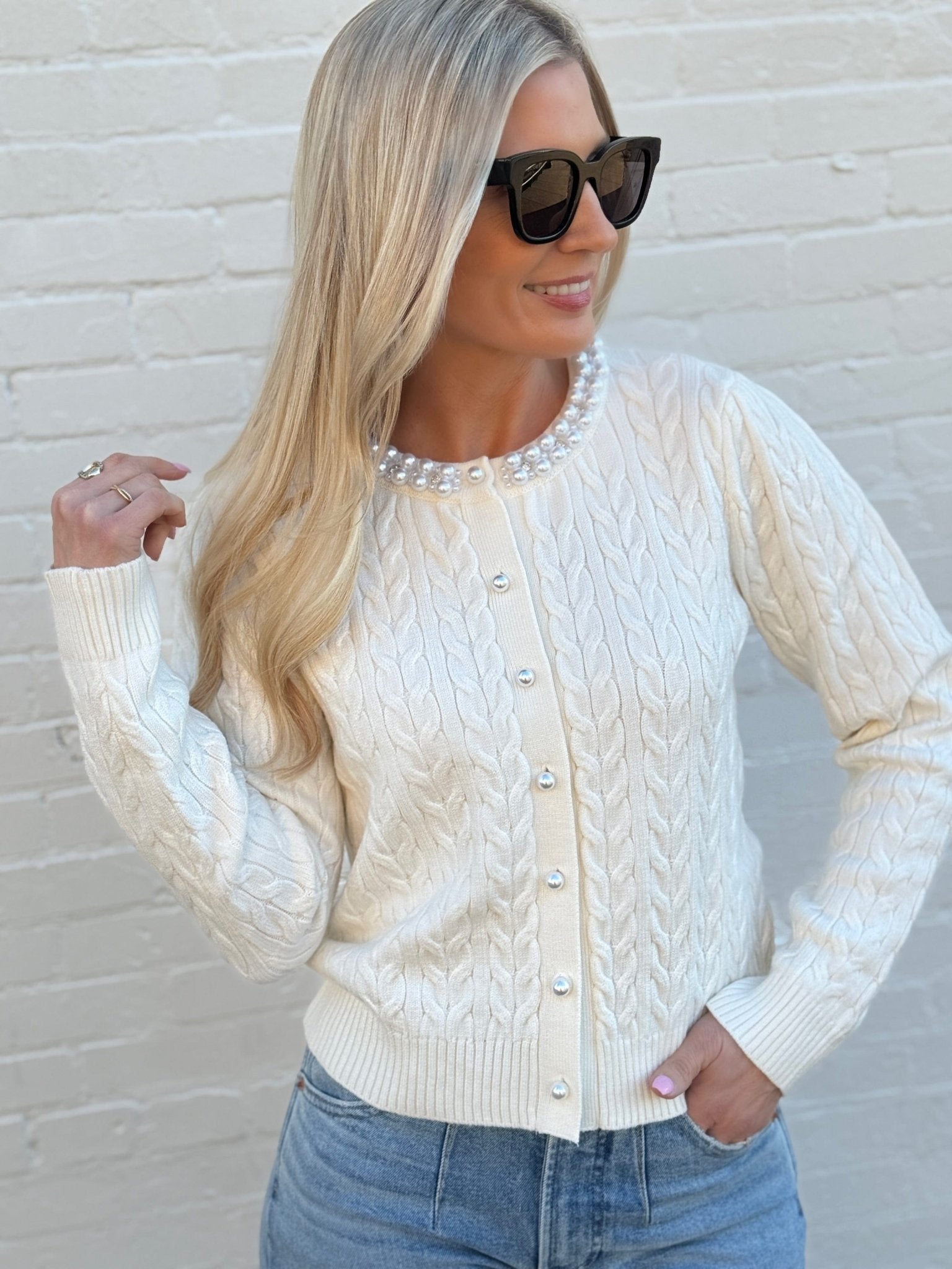 Pearl Button Detail Cable Knit Cardigan-Off White - Infinity Raine
