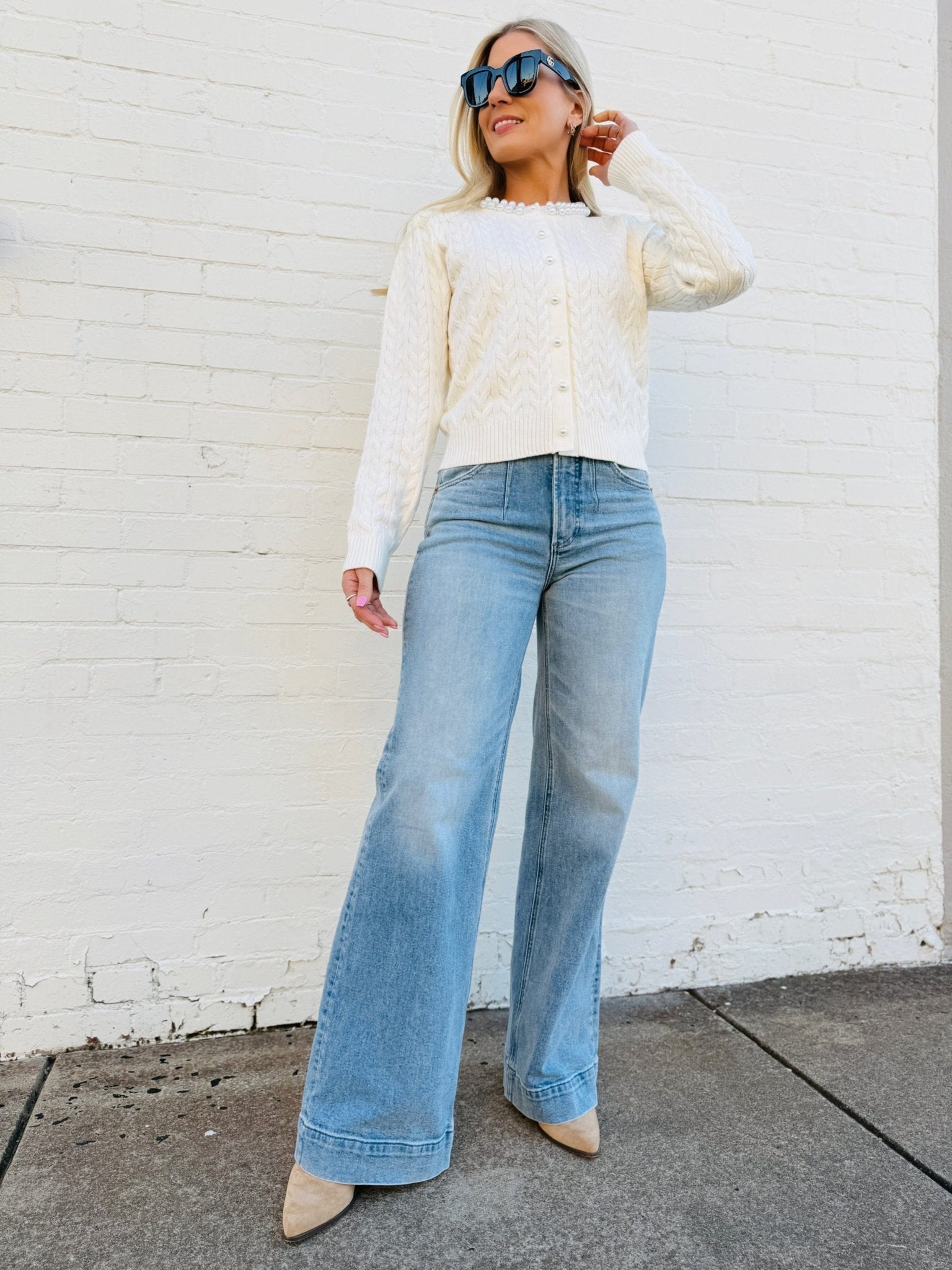 Pearl Button Detail Cable Knit Cardigan-Off White - Infinity Raine