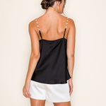 Pearl Chain Strap Satin Cowl Neck Cami Top In Black - Infinity Raine