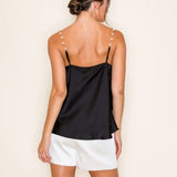 Pearl Chain Strap Satin Cowl Neck Cami Top In Black - Infinity Raine