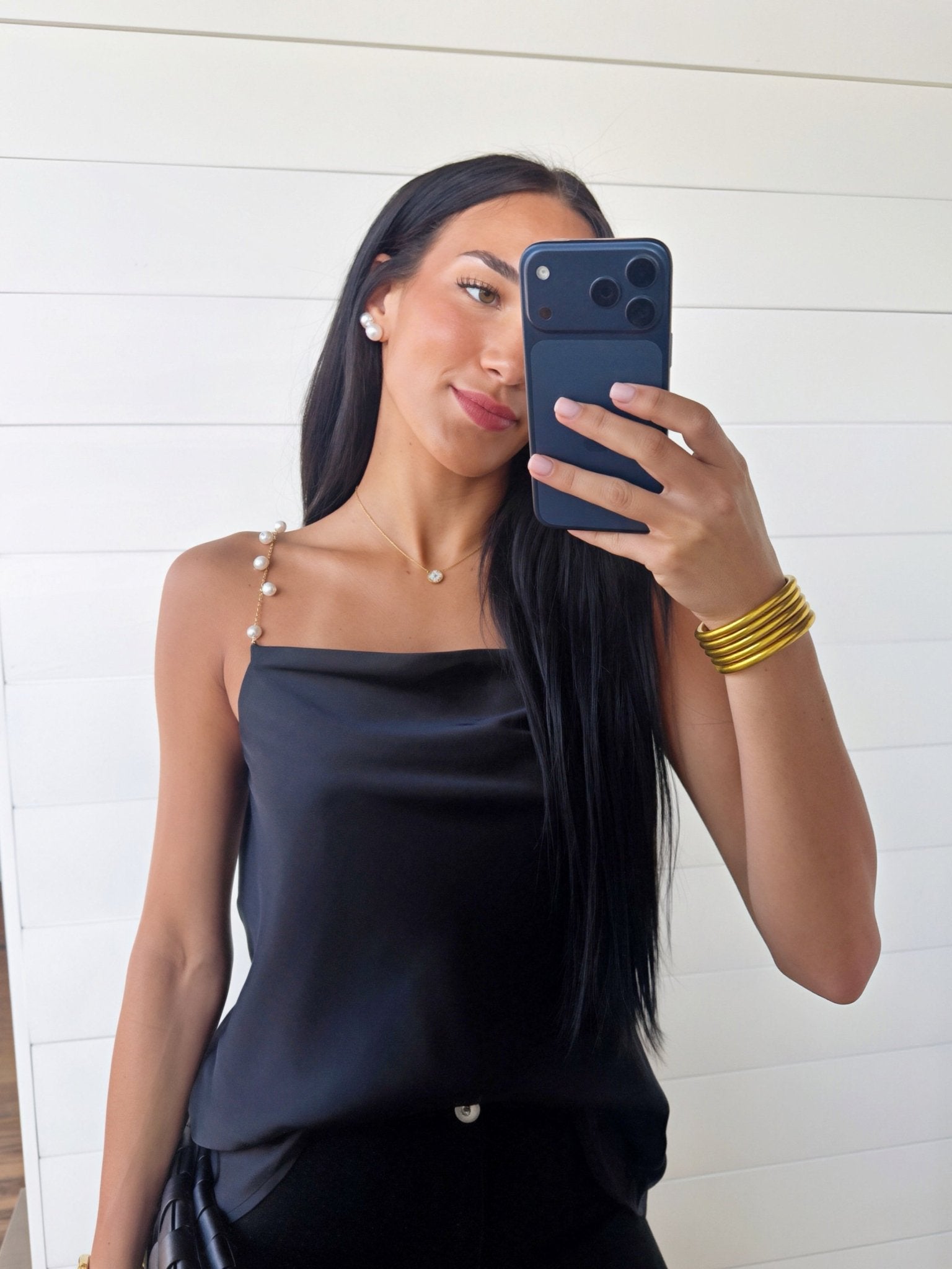 Pearl Chain Strap Satin Cowl Neck Cami Top In Black - Infinity Raine