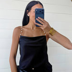 Pearl Chain Strap Satin Cowl Neck Cami Top In Black - Infinity Raine