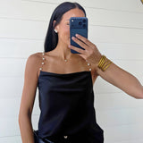 Pearl Chain Strap Satin Cowl Neck Cami Top In Black - Infinity Raine