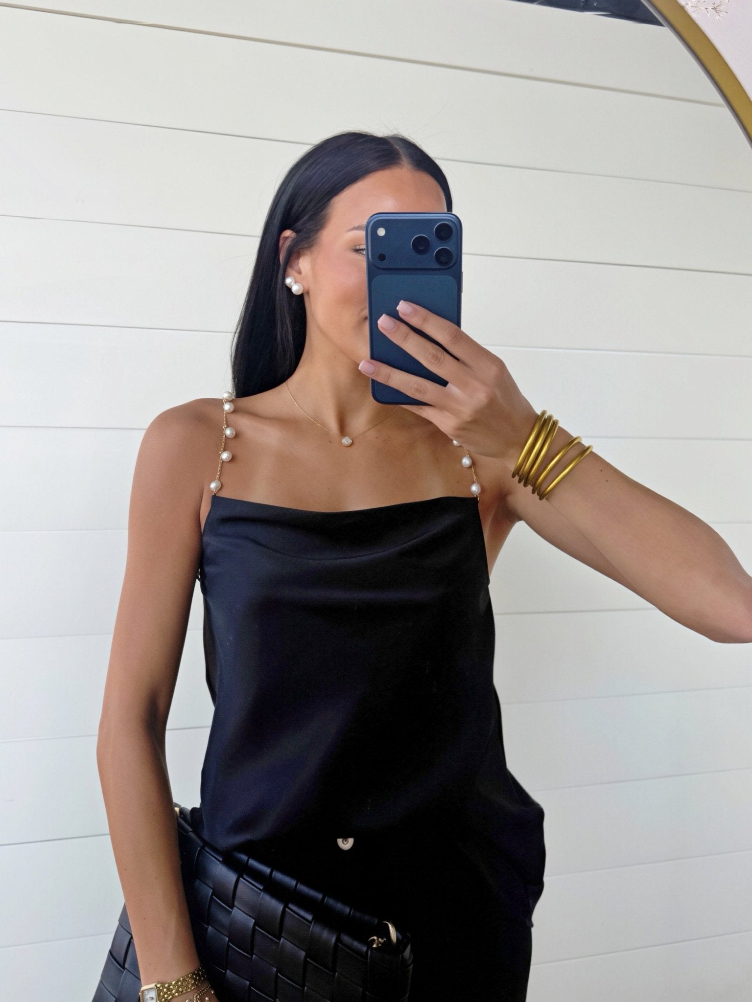 Pearl Chain Strap Satin Cowl Neck Cami Top In Black - Infinity Raine