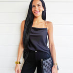 Pearl Chain Strap Satin Cowl Neck Cami Top In Black - Infinity Raine