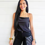 Pearl Chain Strap Satin Cowl Neck Cami Top In Black - Infinity Raine