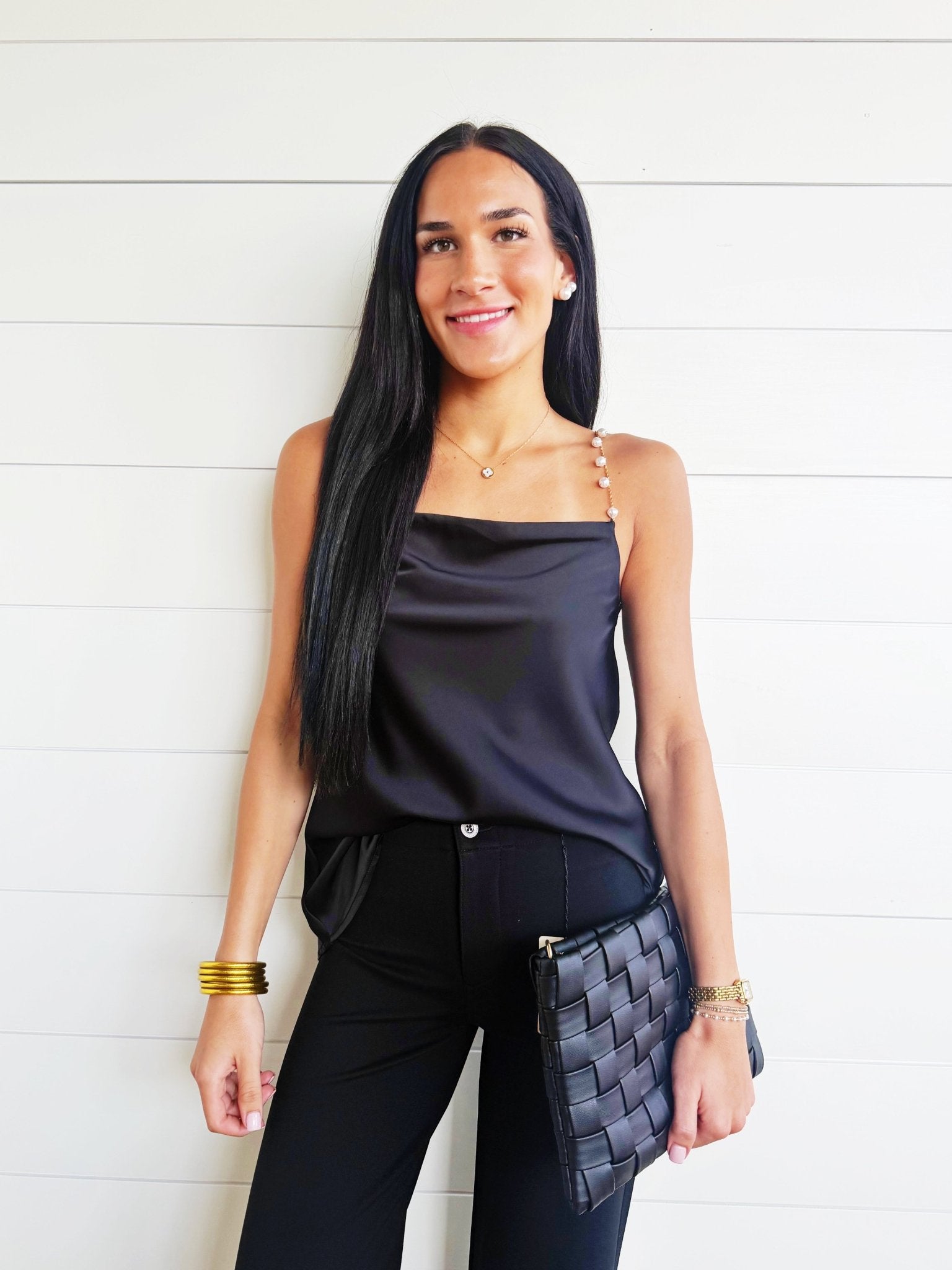 Pearl Chain Strap Satin Cowl Neck Cami Top In Black - Infinity Raine