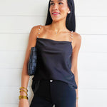 Pearl Chain Strap Satin Cowl Neck Cami Top In Black - Infinity Raine