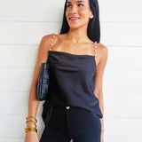 Pearl Chain Strap Satin Cowl Neck Cami Top In Black - Infinity Raine