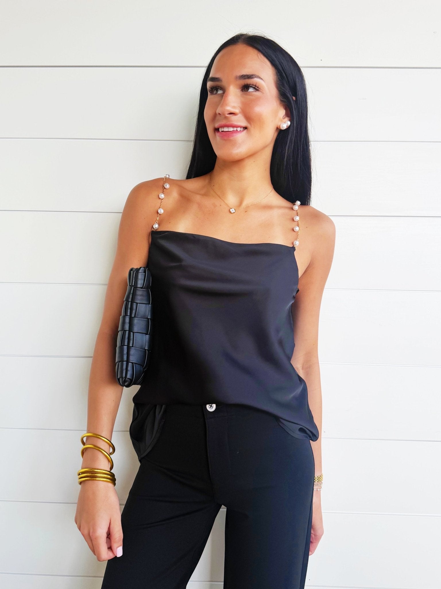 Pearl Chain Strap Satin Cowl Neck Cami Top In Black - Infinity Raine