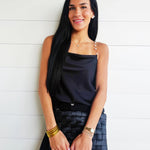 Pearl Chain Strap Satin Cowl Neck Cami Top In Black - Infinity Raine