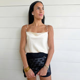 Pearl Chain Strap Satin Cowl Neck Cami Top In Off White - Infinity Raine