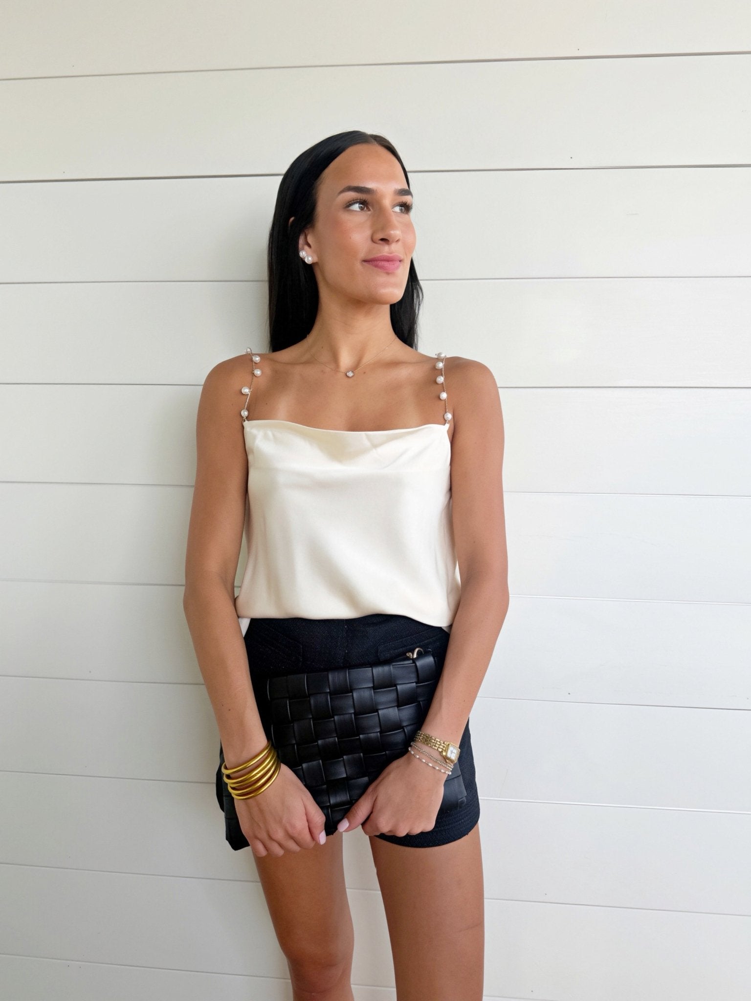 Pearl Chain Strap Satin Cowl Neck Cami Top In Off White - Infinity Raine