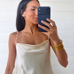 Pearl Chain Strap Satin Cowl Neck Cami Top In Off White - Infinity Raine