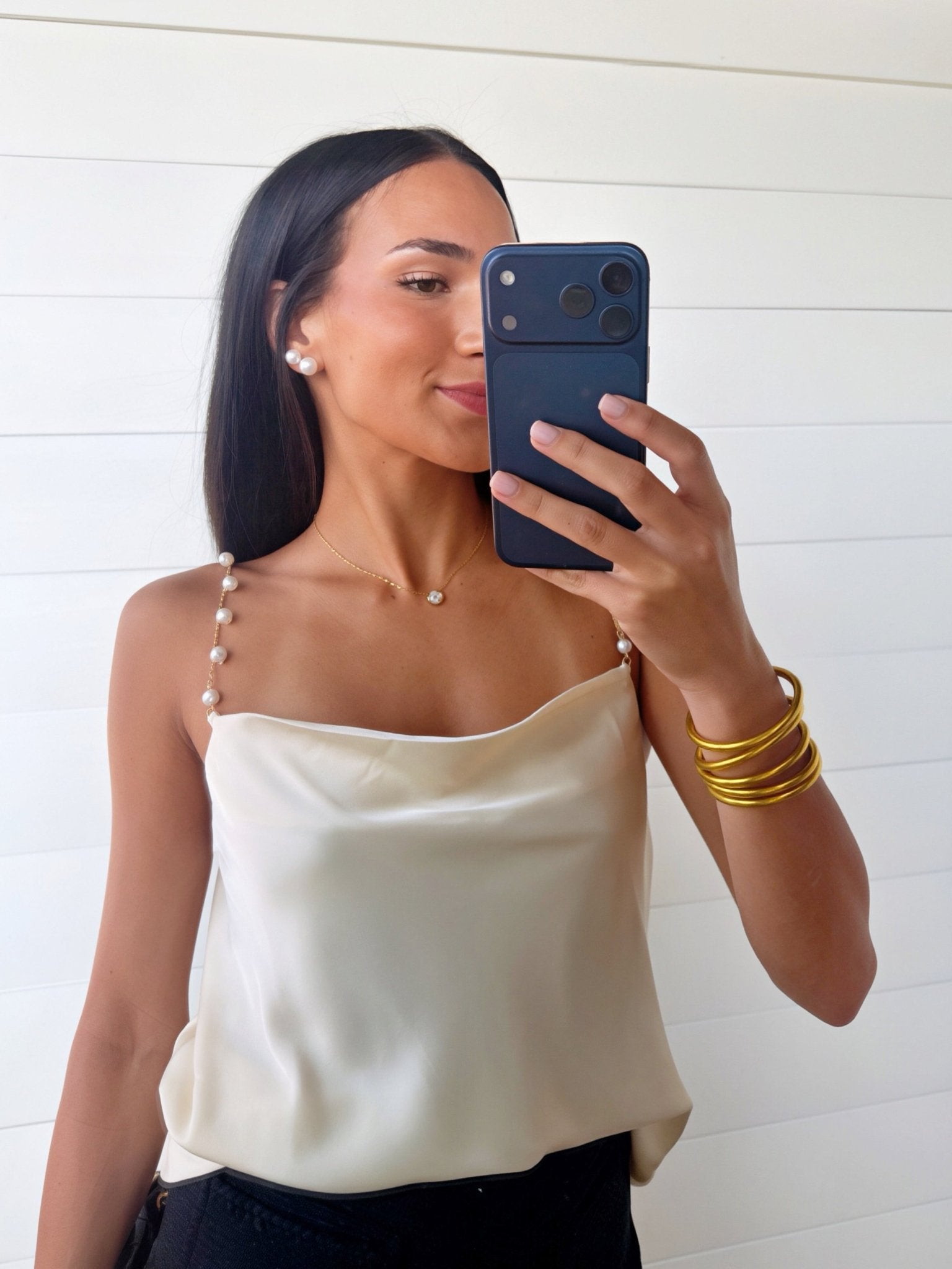 Pearl Chain Strap Satin Cowl Neck Cami Top In Off White - Infinity Raine