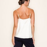 Pearl Chain Strap Satin Cowl Neck Cami Top In Off White - Infinity Raine