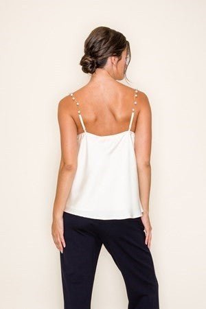 Pearl Chain Strap Satin Cowl Neck Cami Top In Off White - Infinity Raine